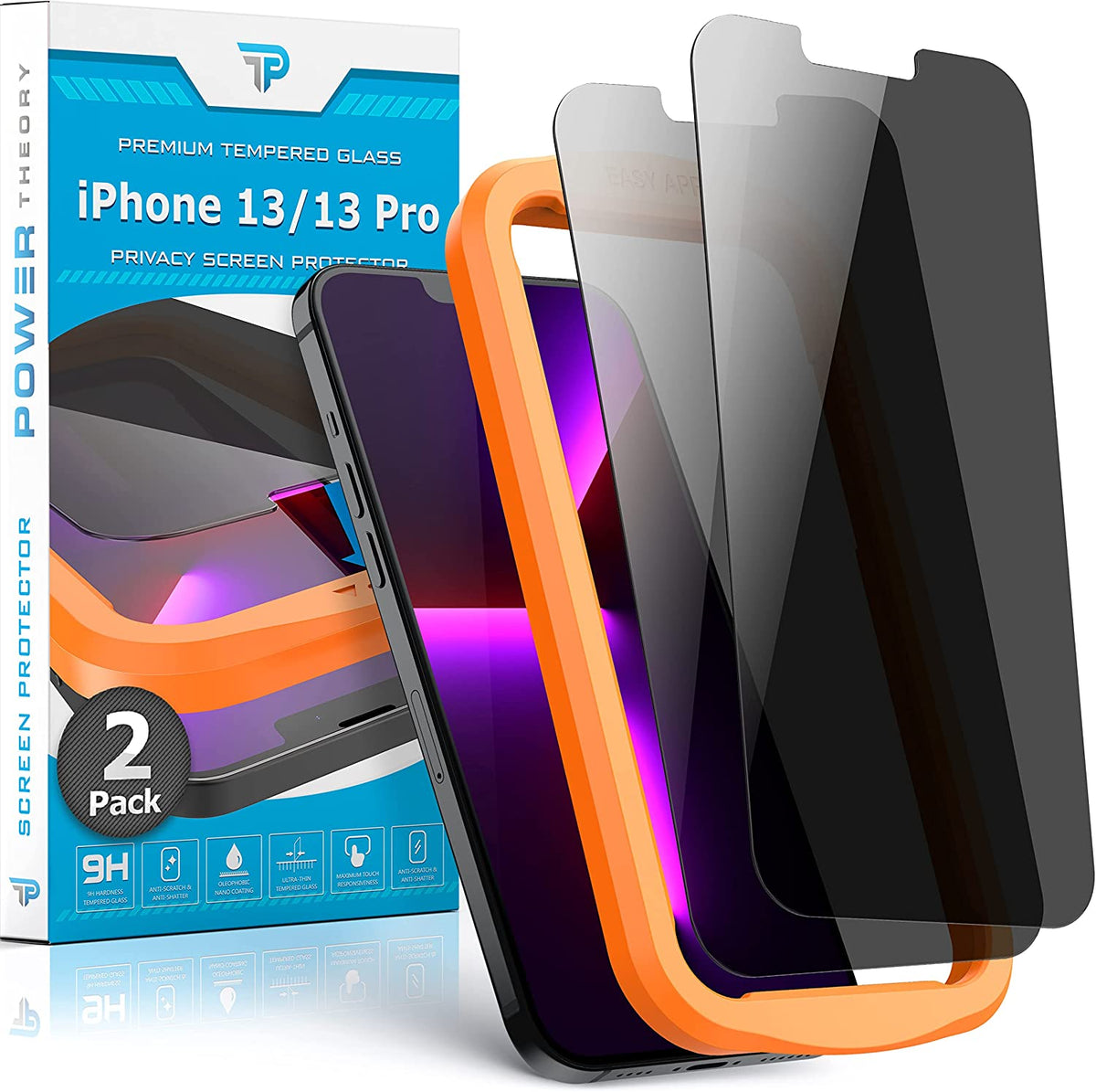 Power Theory Privacy Screen Protector for iPhone 13 Pro/iPhone 13 Tempered Glass [2-Pack] Anti-Spy protection with Easy Install Kit 2022 Cover